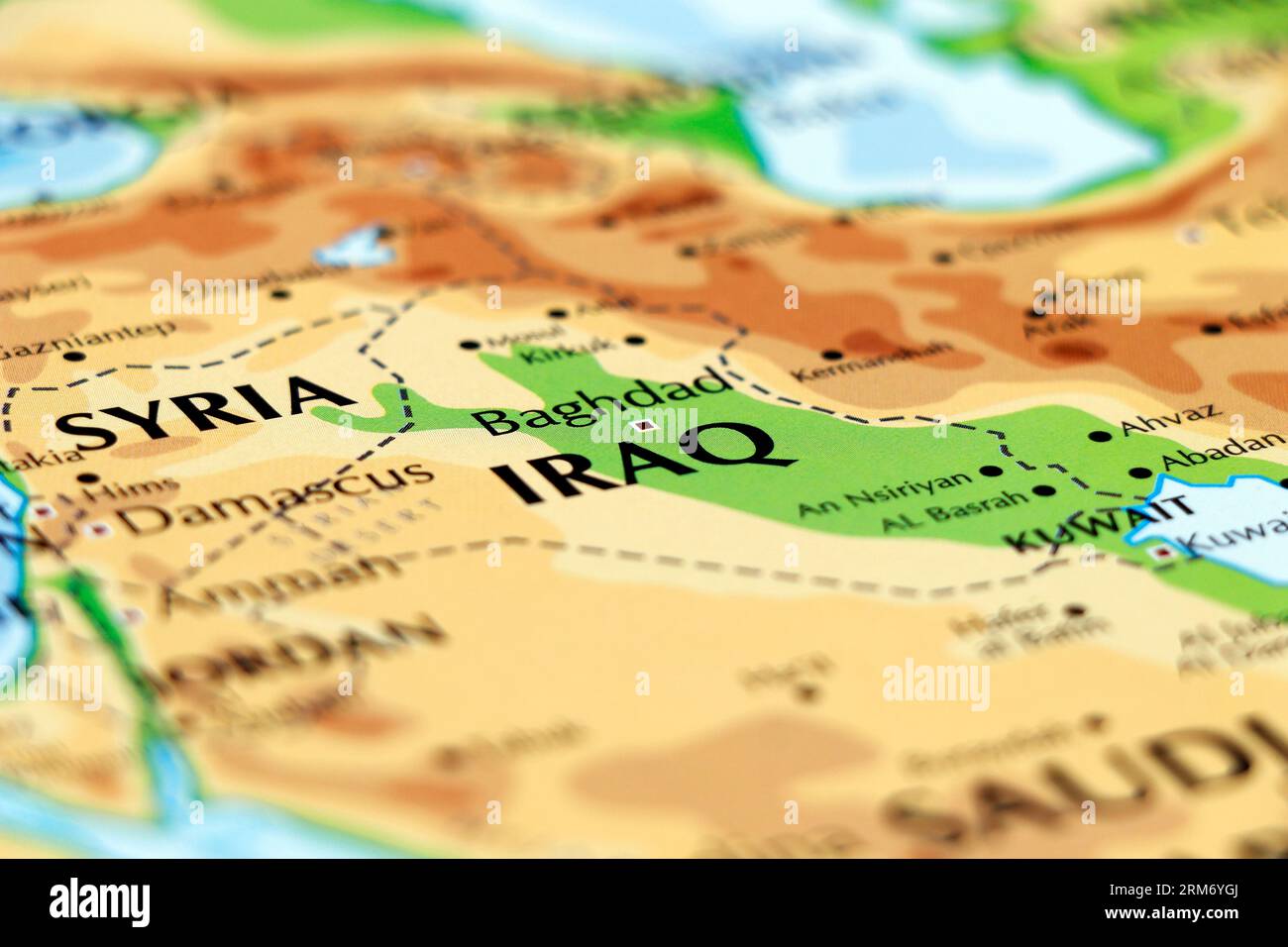 world map of middle east asia, iraq, baghdad, syria, damascus, kuwait