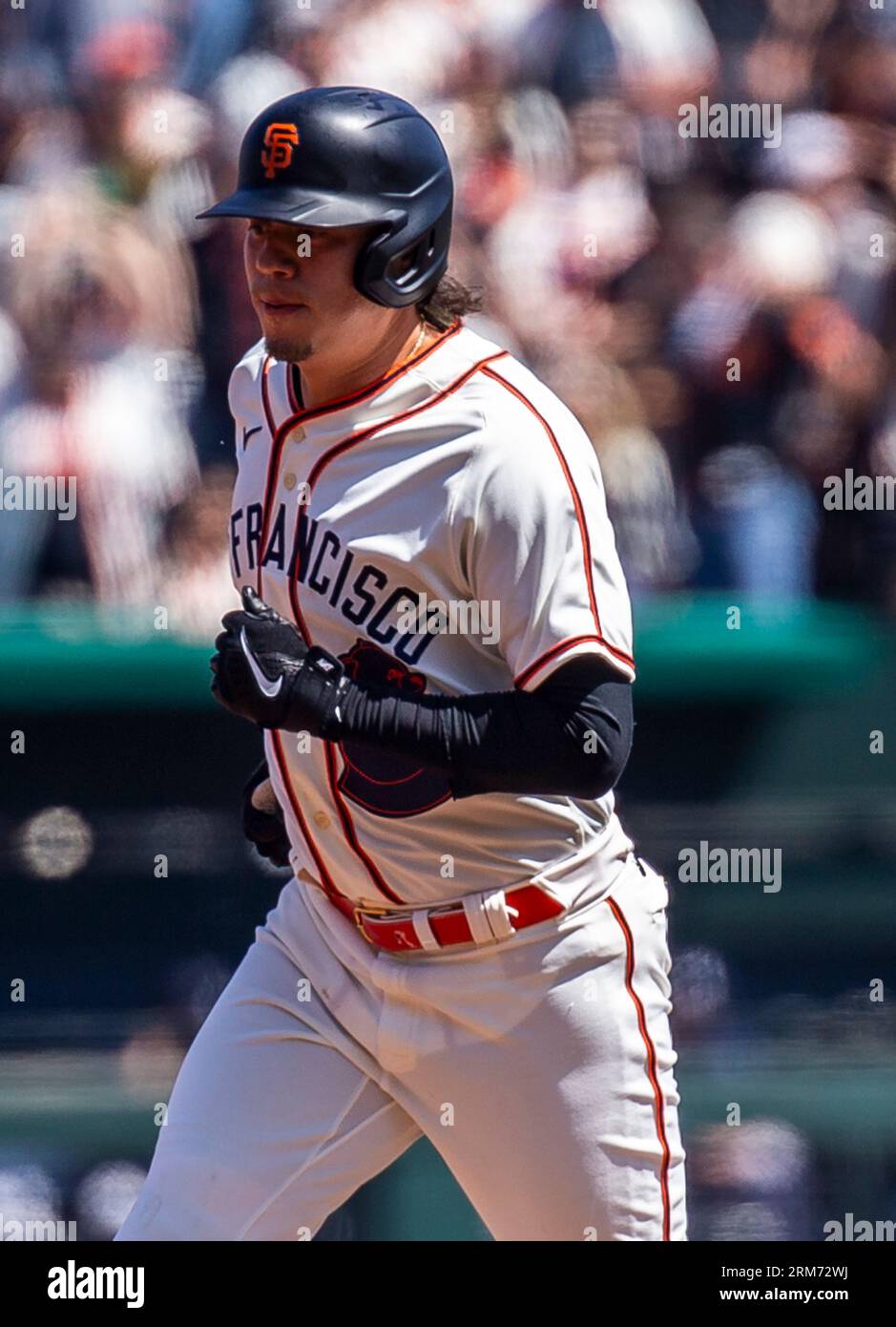 August 26 2023 San Francisco CA, U.S.A. San Francisco first baseman Wilmer  Flores (41)rounds the bases after hitting a two run homer in the third  inning during the MLB game between the