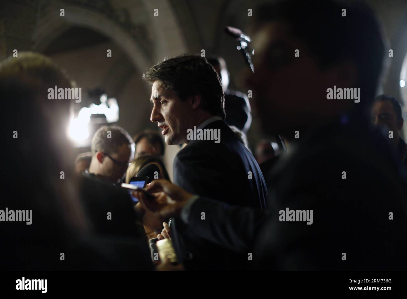 (140212) -- OTTAWA, (Xinhua) -- Liberal Party leader Justin Tudeau speaks to reporters about the new federal budget, unveiled by Finance Minister Jim Flaherty at Parliament Hill in Ottawa, Canada, Feb. 11, 2014. Jim Flaherty on Tuesday unveiled a federal budget projecting a surplus in 2015. (Xinhua/David Kawai) CANADA-OTTAWA-BUDGET PUBLICATIONxNOTxINxCHN   Ottawa XINHUA Liberal Party Leader Justin  Speaks to Reporters About The New Federal Budget unveiled by Finance Ministers Jim Flaherty AT Parliament Hill in Ottawa Canada Feb 11 2014 Jim Flaherty ON Tuesday unveiled a Federal Budget projecti Stock Photo