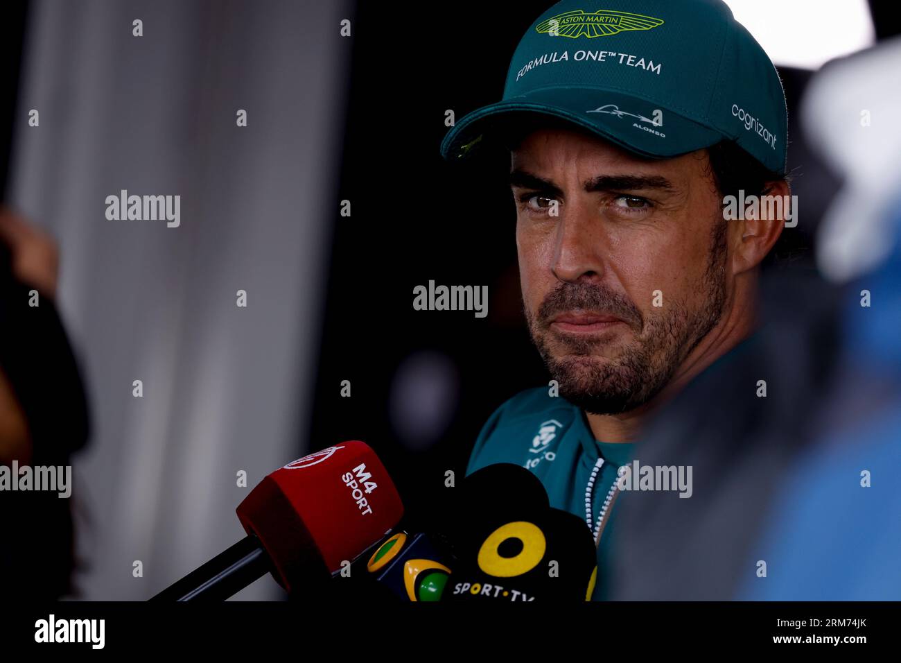 ZANDVOORT, NETHERLANDS - AUGUST 26: Fernando Alonso of Aston Martin Aramco Cognizant F1 Team  give an intervieuw after qualifying looks on during the Stock Photo