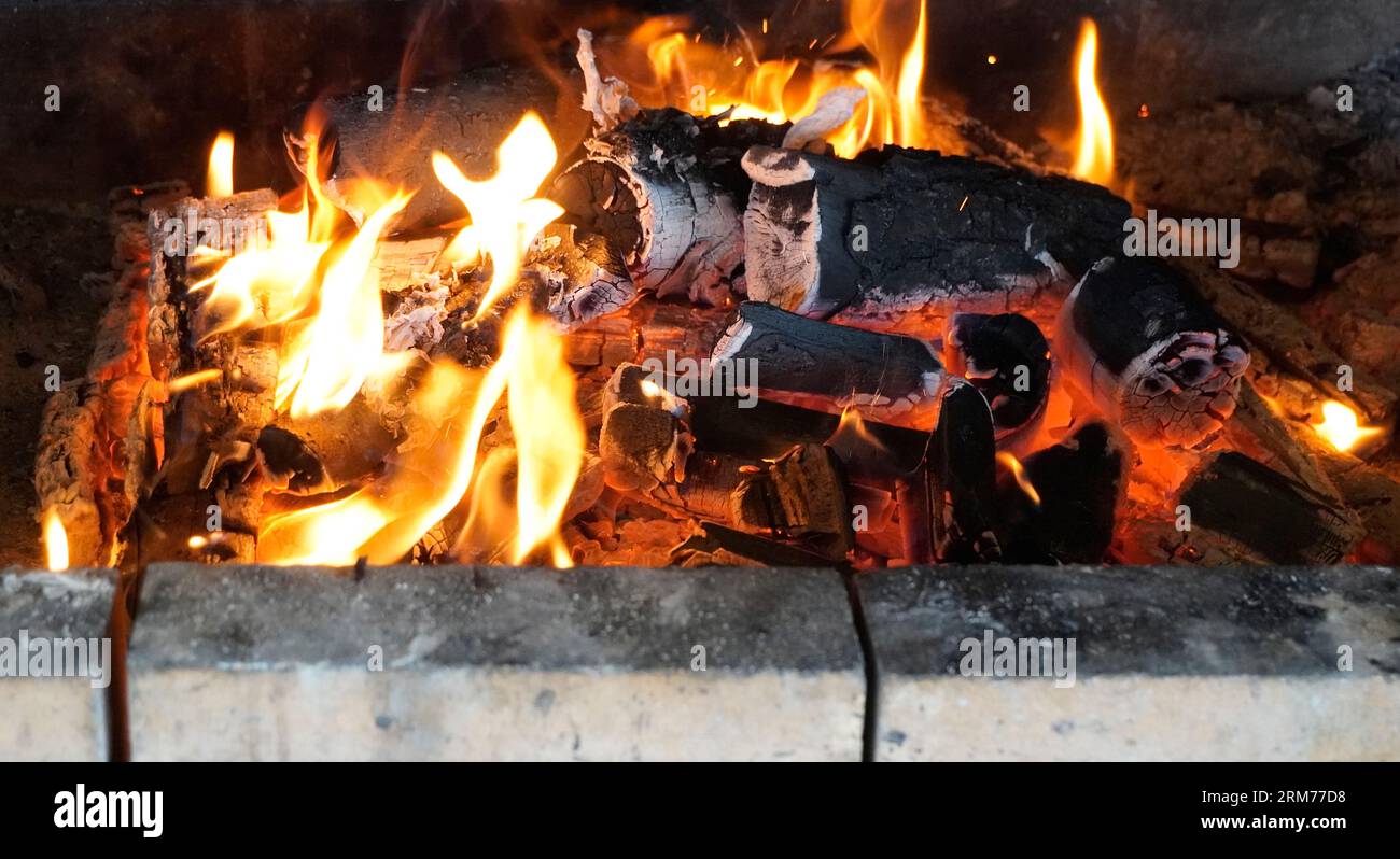 fire burns in the oven Stock Photo