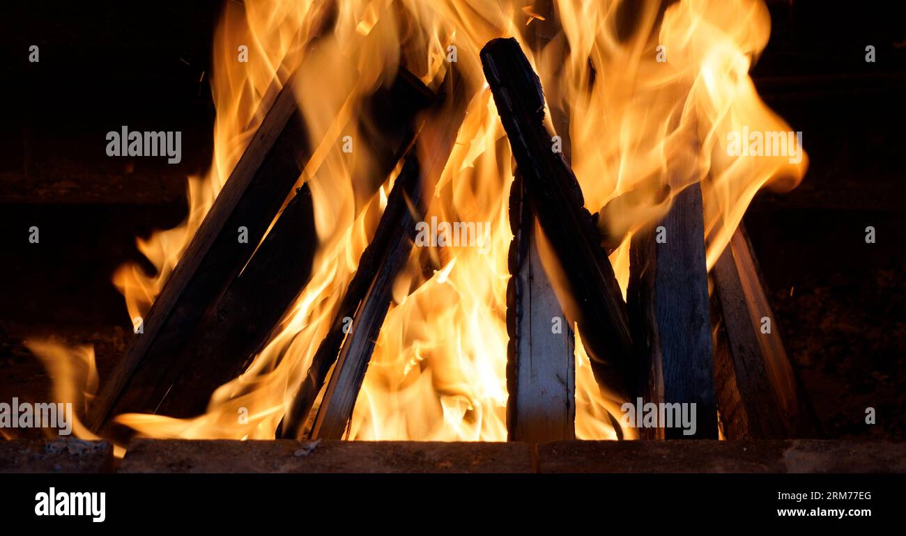 fire burns in the oven Stock Photo