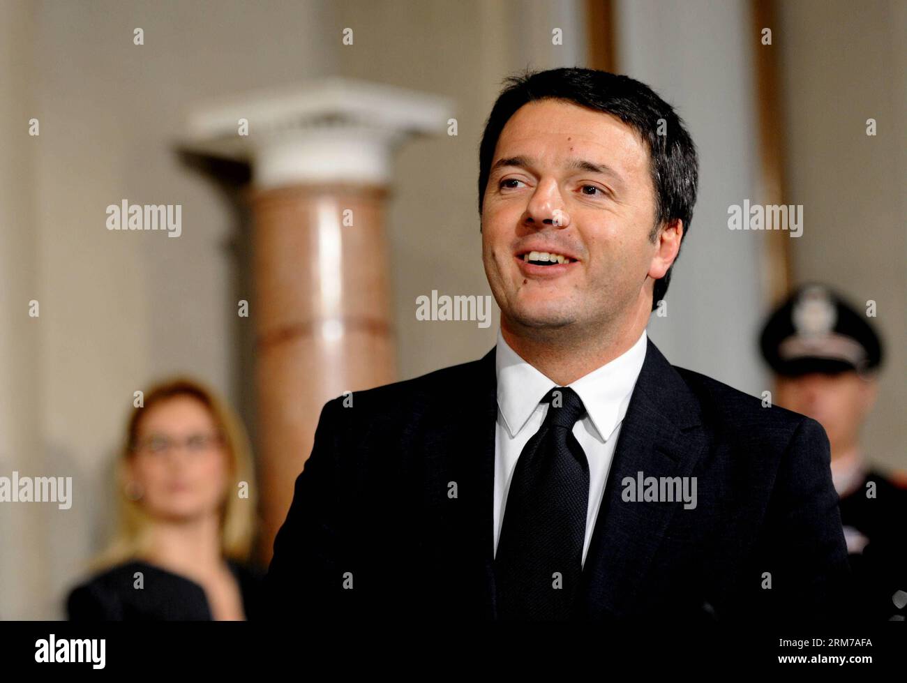 (140221) -- ROME, Feb. 21, 2014 (Xinhua) -- Newly appointed Italian Prime Minister Matteo Renzi speaks during a press conference after talking with Italian President Giorgio Napolitano in Quirinale Palace in Rome, Italy, on Feb. 21, 2014. After three days of consultations and reflection, Italy s center-left leader Matteo Renzi on Friday formally accepted the position of prime minister and presented his cabinet list to President Giorgio Napolitano. (Xinhua/Xu Nizhi) ITALY-ROME-RENZI-NEW CABINET-SETTING UP PUBLICATIONxNOTxINxCHN   Rome Feb 21 2014 XINHUA newly Appointed Italian Prime Ministers M Stock Photo