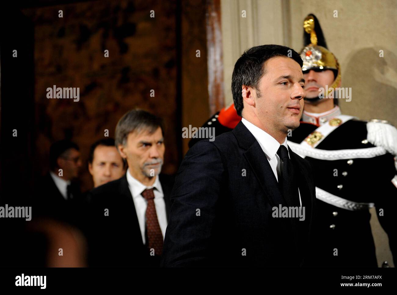 (140221) -- ROME, Feb. 21, 2014 (Xinhua) -- Newly appointed Italian Prime Minister Matteo Renzi (R) walks to a press conference after talking with Italian President Giorgio Napolitano in Quirinale Palace in Rome, Italy, on Feb. 21, 2014. After three days of consultations and reflection, Italy s center-left leader Matteo Renzi on Friday formally accepted the position of prime minister and presented his cabinet list to President Giorgio Napolitano. (Xinhua/Xu Nizhi) ITALY-ROME-RENZI-NEW CABINET-SETTING UP PUBLICATIONxNOTxINxCHN   Rome Feb 21 2014 XINHUA newly Appointed Italian Prime Ministers Ma Stock Photo