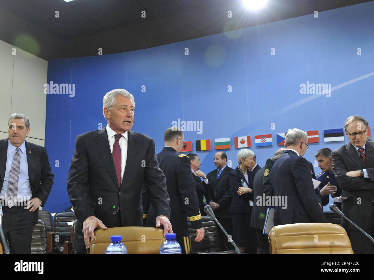 (140227) -- BRUSSELS, Feb. 27, 2014 (Xinhua) -- U.S. Secretary of Defense Chuck Hagel (2nd L) arrives at the meeting of NATO-Ukraine Commission during the 2-day NATO Defence Ministers Meeting at its headquarters in Brussels, capital of Belgium, Feb. 27, 2014. (Xinhua/Ye Pingfan) BELGIUM-BRUSSELS-NATO-DEFENCE MINISTERS MEETING-UKRAINE PUBLICATIONxNOTxINxCHN   Brussels Feb 27 2014 XINHUA U S Secretary of Defense Chuck Hagel 2nd l arrives AT The Meeting of NATO Ukraine Commission during The 2 Day NATO Defence Minister Meeting AT its Headquarters in Brussels Capital of Belgium Feb 27 2014 XINHUA Y Stock Photo