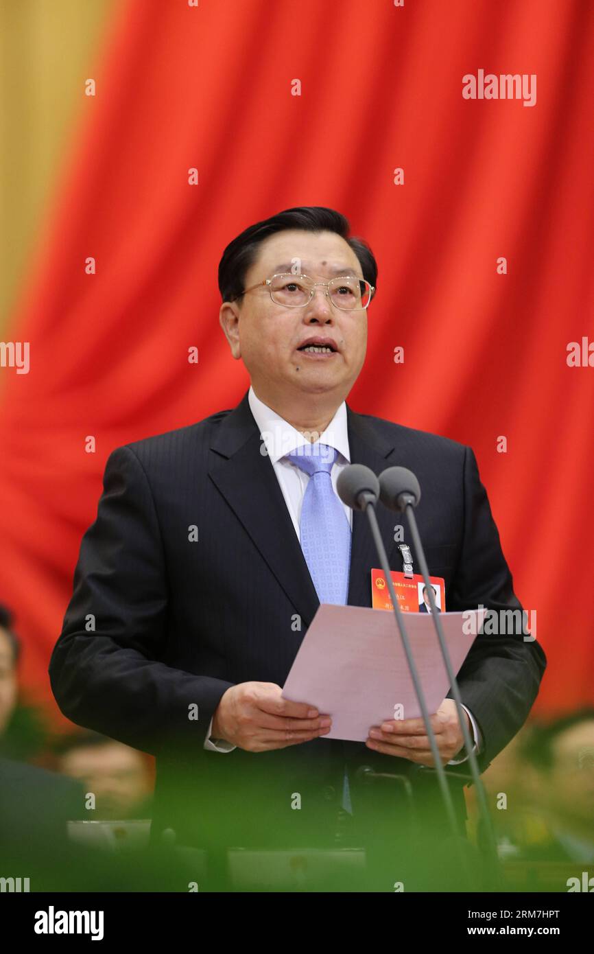 (140305) -- BEIJING, March 5, 2014 (Xinhua) -- Zhang Dejiang, chairman of the Standing Committee of China s National People s Congress (NPC), presides over the opening meeting of the second session of the 12th NPC at the Great Hall of the People in Beijing, capital of China, March 5, 2014. (Xinhua/Yao Dawei) (zkr) (TWO SESSIONS) CHINA-BEIJING-NPC-OPENING-ZHANG DEJIANG(CN) PUBLICATIONxNOTxINxCHN   Beijing March 5 2014 XINHUA Zhang Dejiang Chairman of The thing Committee of China S National Celebrities S Congress NPC Presid Over The Opening Meeting of The Second Session of The 12th NPC AT The Gr Stock Photo