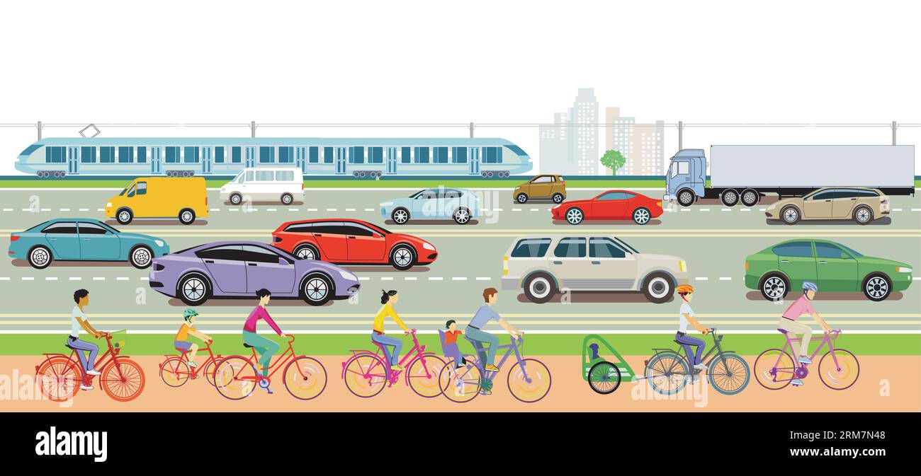 Road traffic with cyclists and express train,, illustration Stock ...