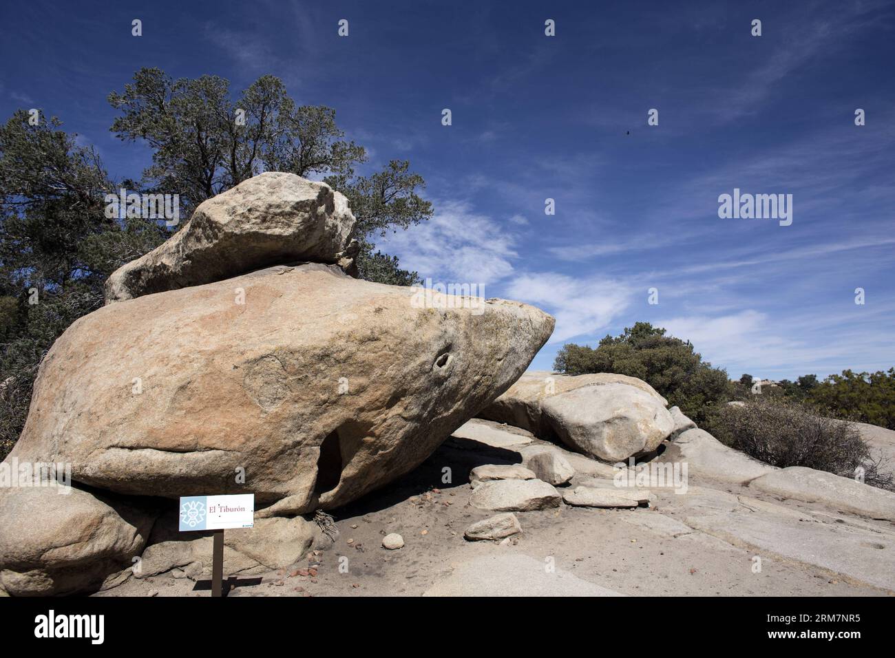 (140311) -- BAJA CALIFORNIA, (Xinhua) -- Image taken on March 9, 2014 shows the rock exterior that shelters the El Tibur¨®n cave paintings in the archaelogical site of El Vallecito near La Rumorosa town Baja California, northwest of Mexico. According to the National Institute of Antropology and History (INAH, its acronym in Spanish), El Vallecito was occupied by members of the Yuman linguistic family, which originally lived in the northwest area of the state of Baja California and southern California. At the site there are rock paintings of simple lines traced with mineral dyes in white, red, Stock Photo