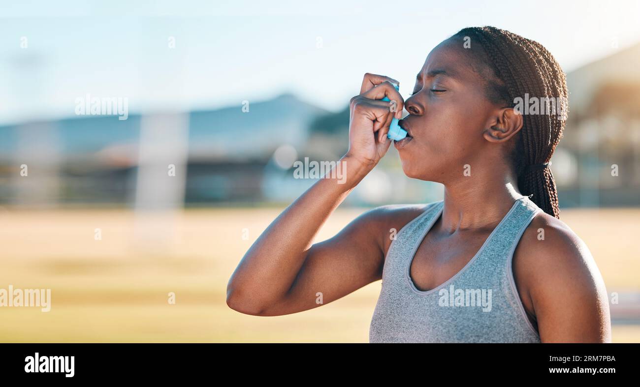 Fitness, breathe and black woman with asthma, inhaler or pump at sports court for training with