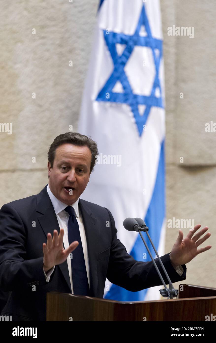 (140312) -- JERUSALEM, March 12, 2014 (Xinhua) -- Visiting British Prime Minister David Cameron addresses the Israeli Knesset (parliament) in Jerusalem, on March 12, 2014. British Prime Minister David Cameron on Wednesday called on the Israeli Knesset (parliament) to reach out for historic peace with Palestinians, during his first visit to Israel as prime minister. (Xinhua/POOL/Jim Hollander) MIDEAST-JERUSALEM-ISRAEL-UK-VISIT PUBLICATIONxNOTxINxCHN   Jerusalem March 12 2014 XINHUA Visiting British Prime Ministers David Cameron addresses The Israeli Knesset Parliament in Jerusalem ON March 12 2 Stock Photo