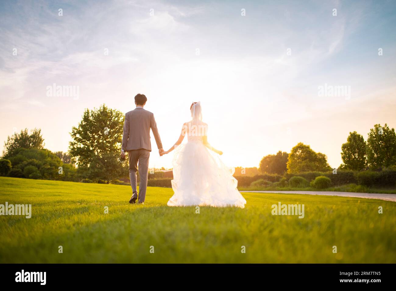 Happy bride and groom walking on the grass Stock Photo