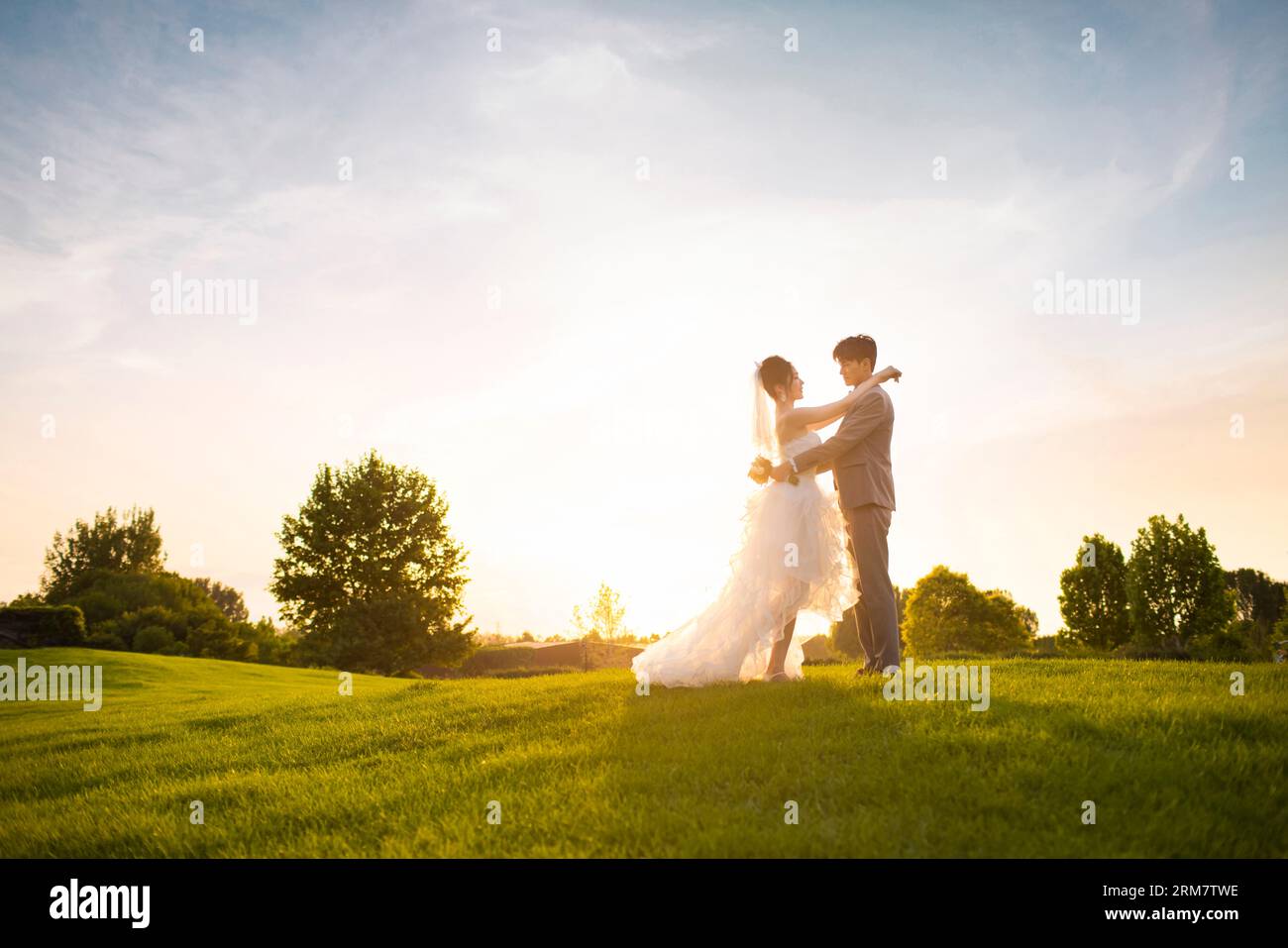 Happy bride and groom standing on the grass Stock Photo
