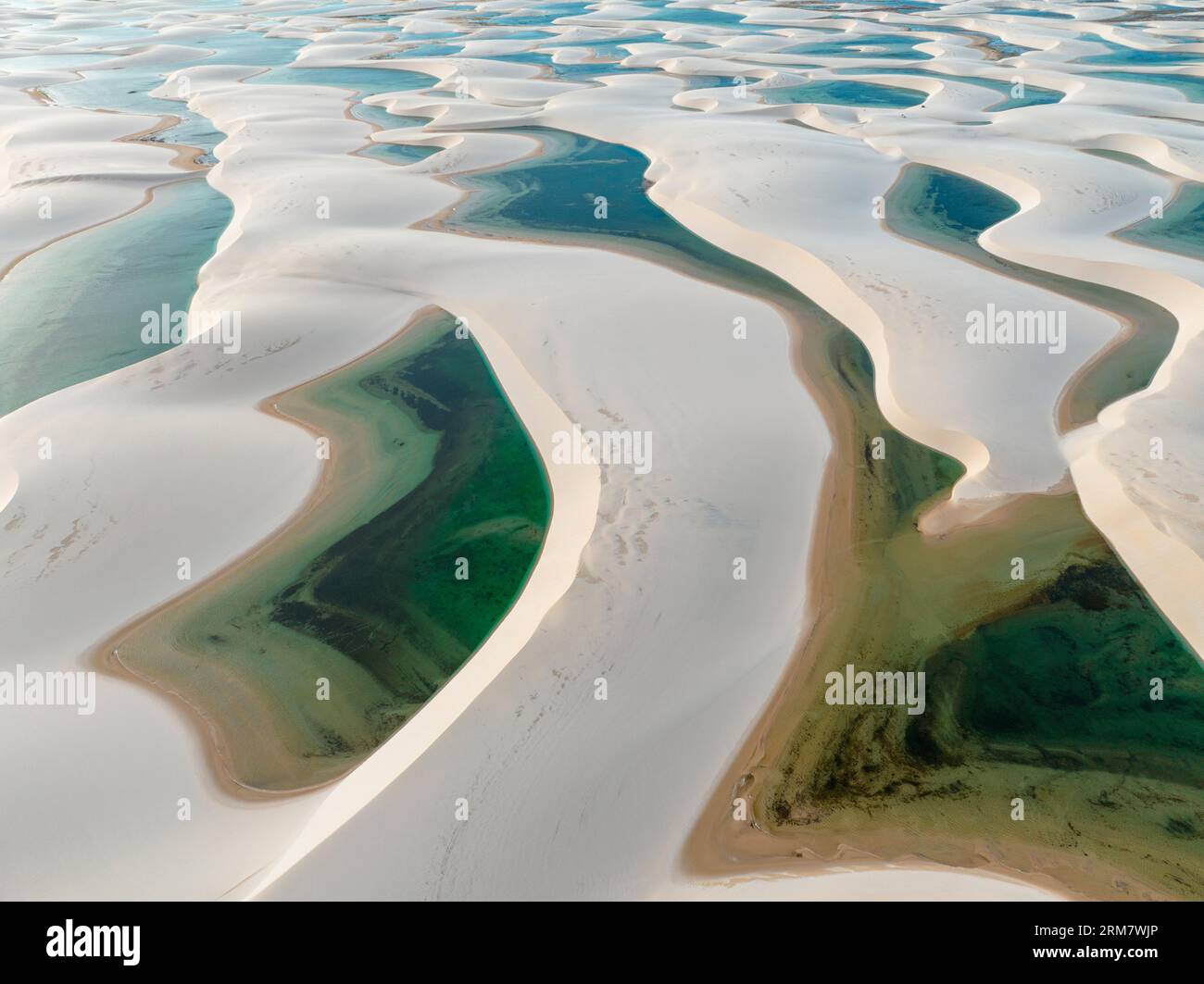 Aerial view of Lencois Maranhenses. White sand dunes with pools of fresh and transparent water. Desert. Barreirinhas. Maranhao State. Brazil Stock Photo