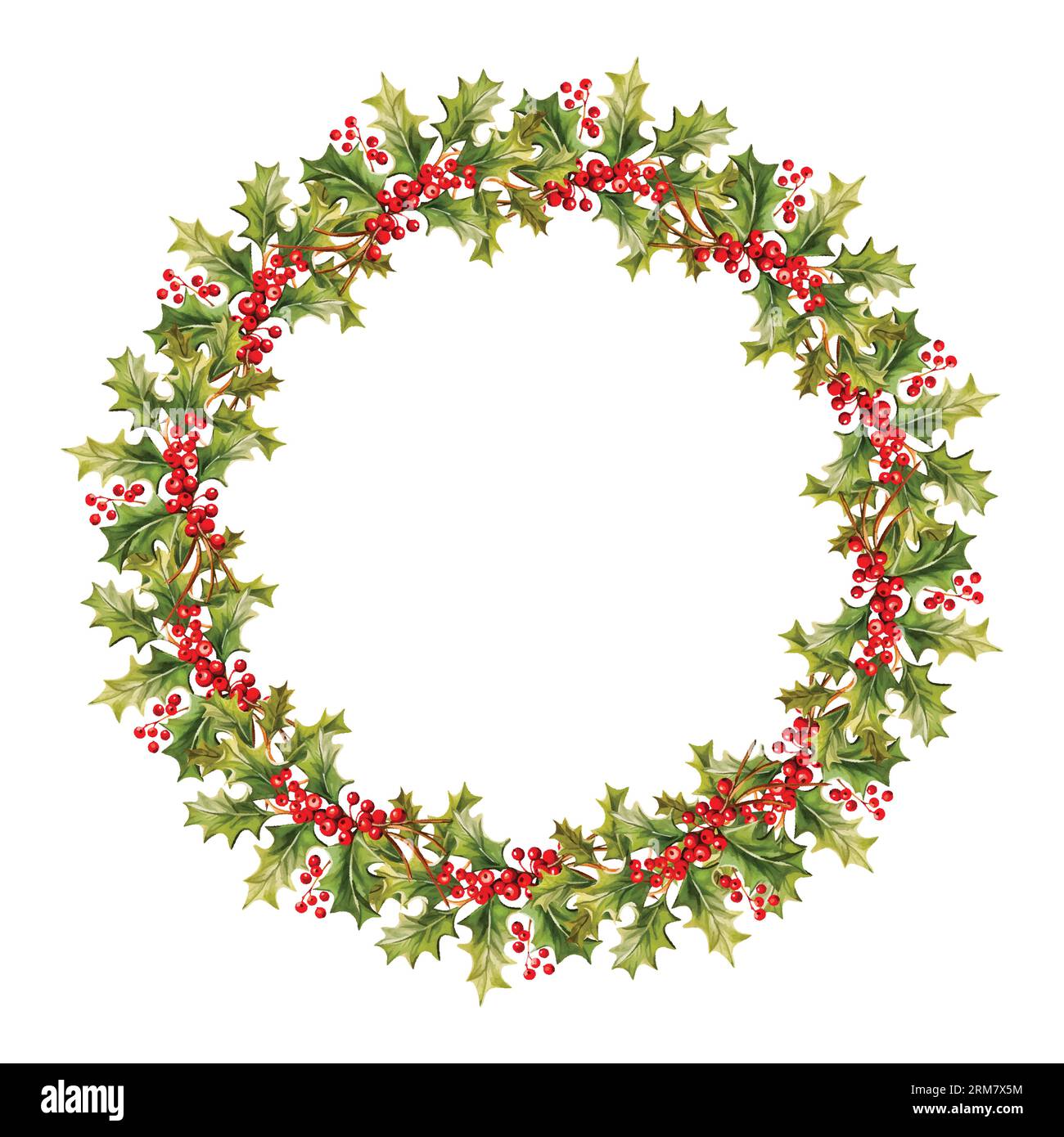 Watercolor vector Christmas wreath with green branches and red berries ...