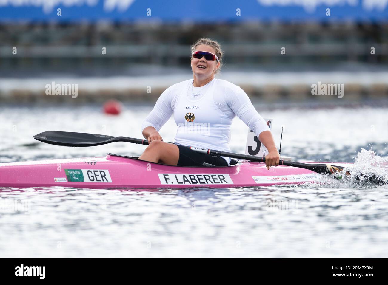 Duisburg, Germany. 27th Aug, 2023. Canoe: World Championship, Final, KL3, 200m, Women. Third-placed Felicia Laberer reacts at the finish line. Credit: Marius Becker/dpa/Alamy Live News Stock Photo