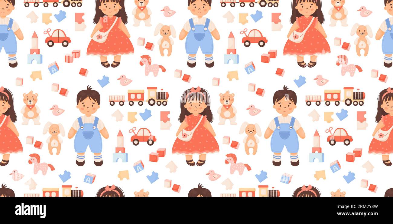 Cute kids seamless pattern. Children toys. Girl doll in red dress and ...
