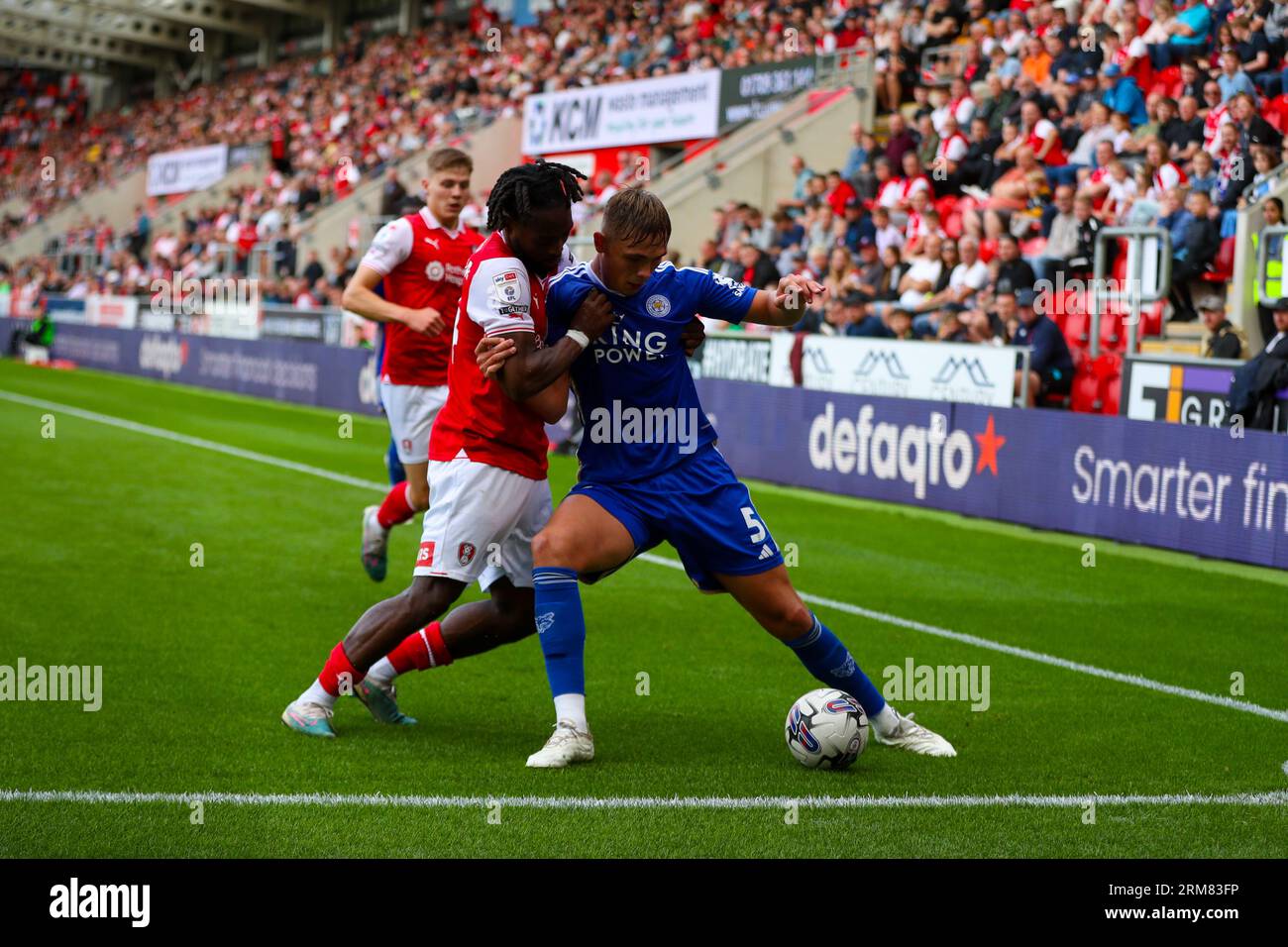 AESSEAL New York Stadium, Rotherham, England - 26th August 2023 Callum Doyle (5) of Leicester City shields the ball from Fred Onyedinma (14) of Rotherham United - during the game Rotherham United v Leicester City, Sky Bet Championship,  2023/24, AESSEAL New York Stadium, Rotherham, England - 26th August 2023 Credit: Mathew Marsden/WhiteRosePhotos/Alamy Live News Stock Photo