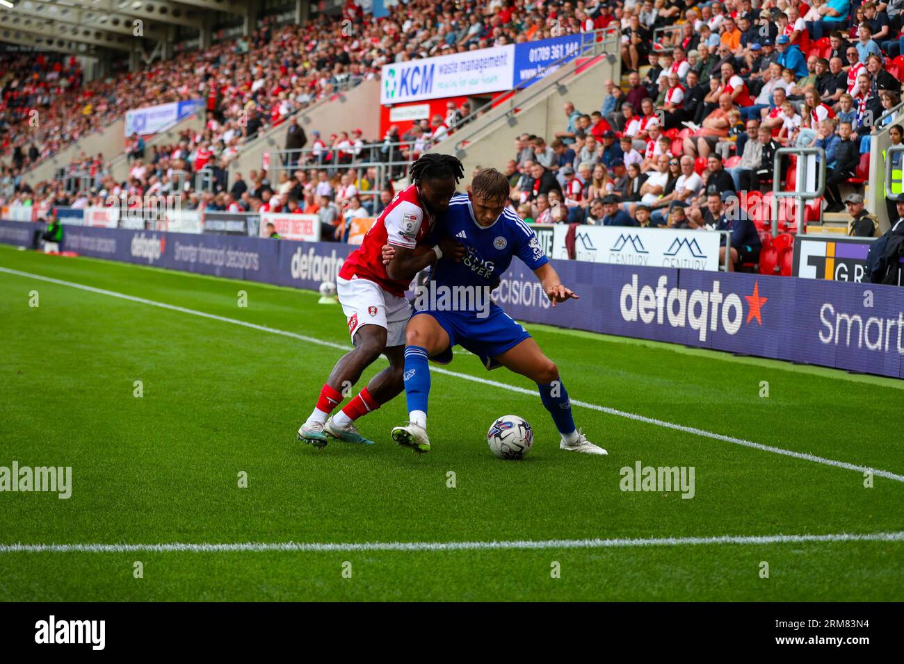 AESSEAL New York Stadium, Rotherham, England - 26th August 2023 Callum Doyle (5) of Leicester City shields the ball from Fred Onyedinma (14) of Rotherham United - during the game Rotherham United v Leicester City, Sky Bet Championship,  2023/24, AESSEAL New York Stadium, Rotherham, England - 26th August 2023 Credit: Mathew Marsden/WhiteRosePhotos/Alamy Live News Stock Photo