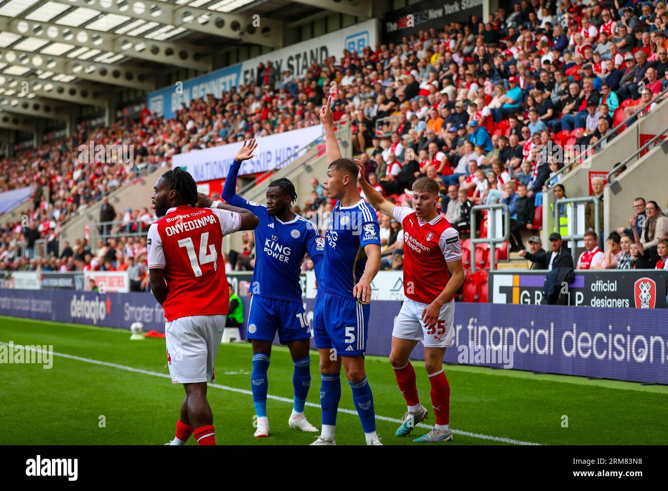 AESSEAL New York Stadium, Rotherham, England - 26th August 2023 Callum Doyle (5) of Leicester City and Stephy Mavididi (10) of Leicester City  and Fred Onyedinma (14) of Rotherham United and Ciaran McGuckin (35) of Rotherham United appeal for decision - during the game Rotherham United v Leicester City, Sky Bet Championship,  2023/24, AESSEAL New York Stadium, Rotherham, England - 26th August 2023 Credit: Mathew Marsden/WhiteRosePhotos/Alamy Live News Stock Photo