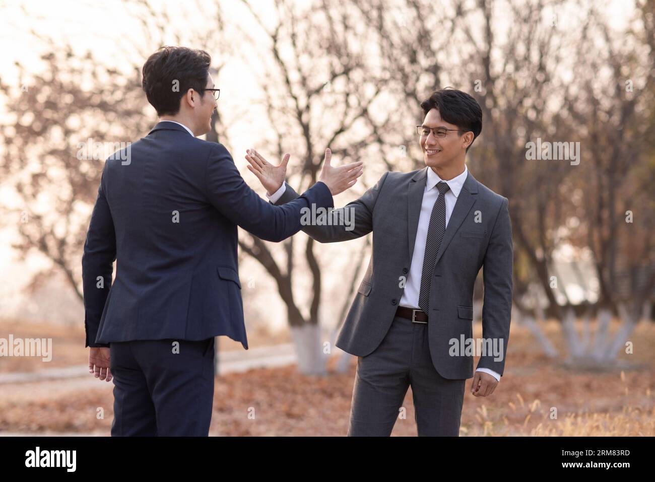Confident businessmen greeting outdoors Stock Photo