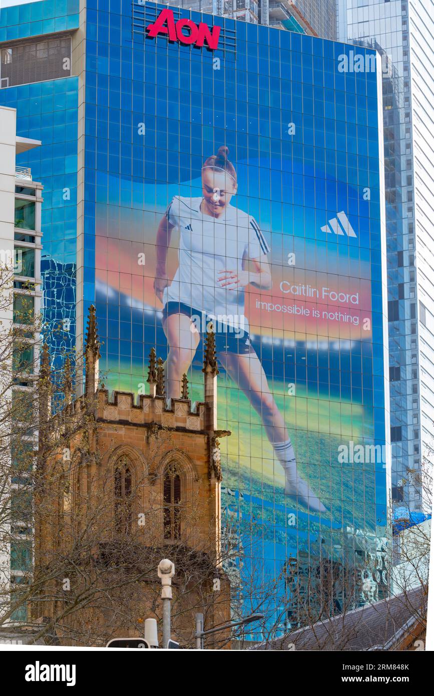 A giant-sized Adidas building wrap of Matildas World Cup team member, Caitlin Foord on the AON building in Sydney, Australia during the World Cup Stock Photo