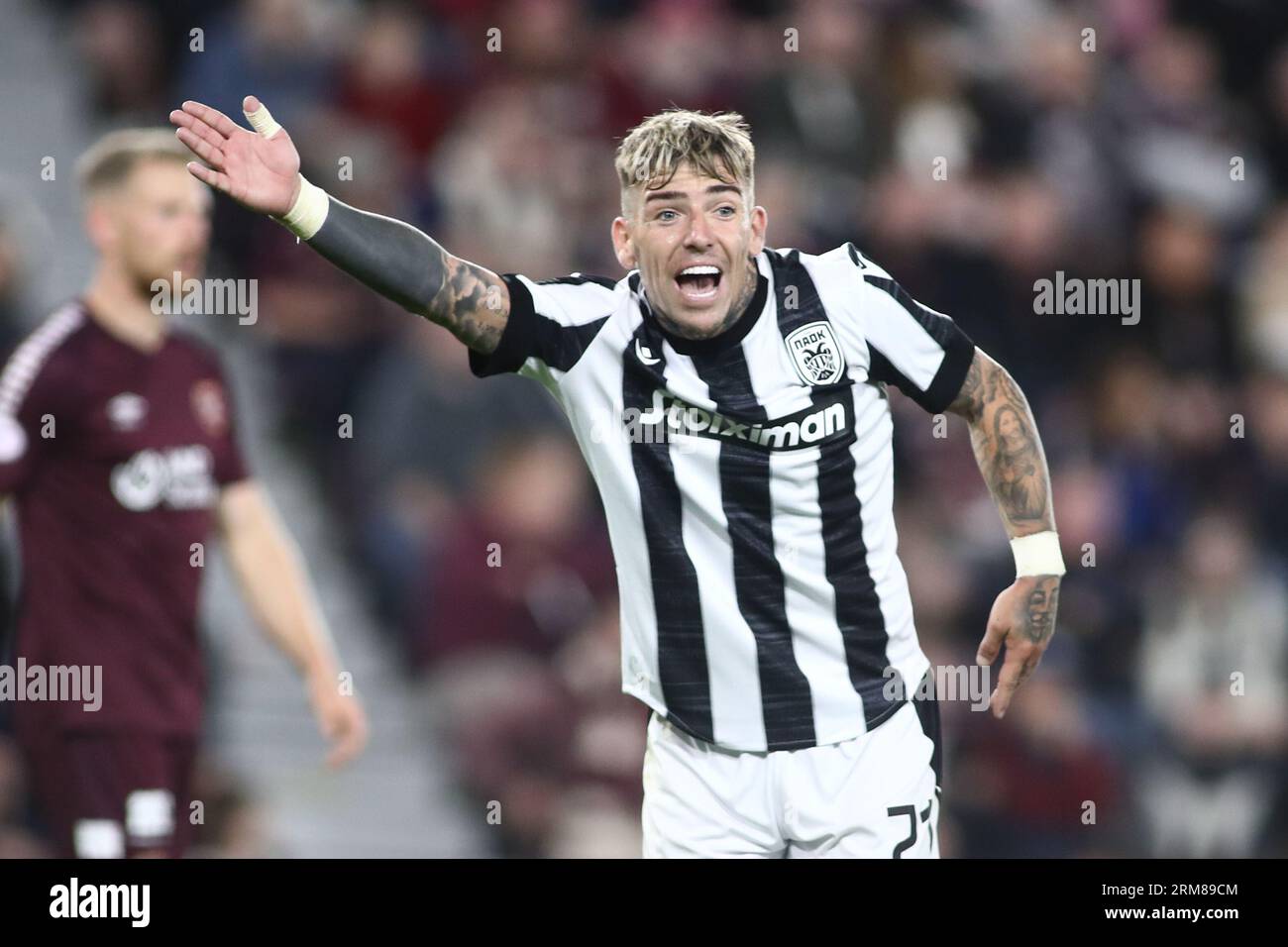 Edinburgh, Scotland, UK. 24th Aug, 2023. PAOK's Brandon Thomas during a game betweem Hearts and PAOK. Playoff round match of the Conference League between Heart of Midlothian and PAOK FC. The game ended 1-2. (Credit Image: © Giannis Papanikos/ZUMA Press Wire) EDITORIAL USAGE ONLY! Not for Commercial USAGE! Stock Photo