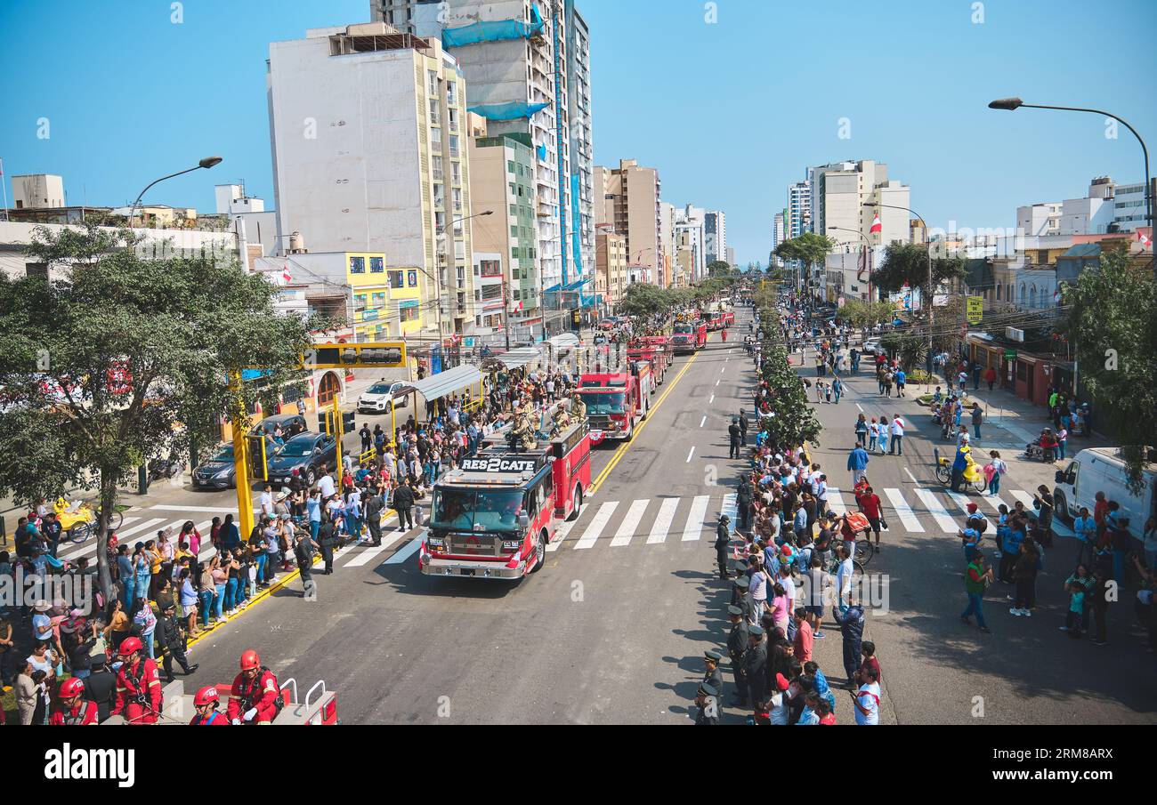 Lima, Peru - July 29, 2023: Close-Up Shots of Peruvian Military and Civic Parade for Independence Day on Av Brasil during National Holidays Stock Photo