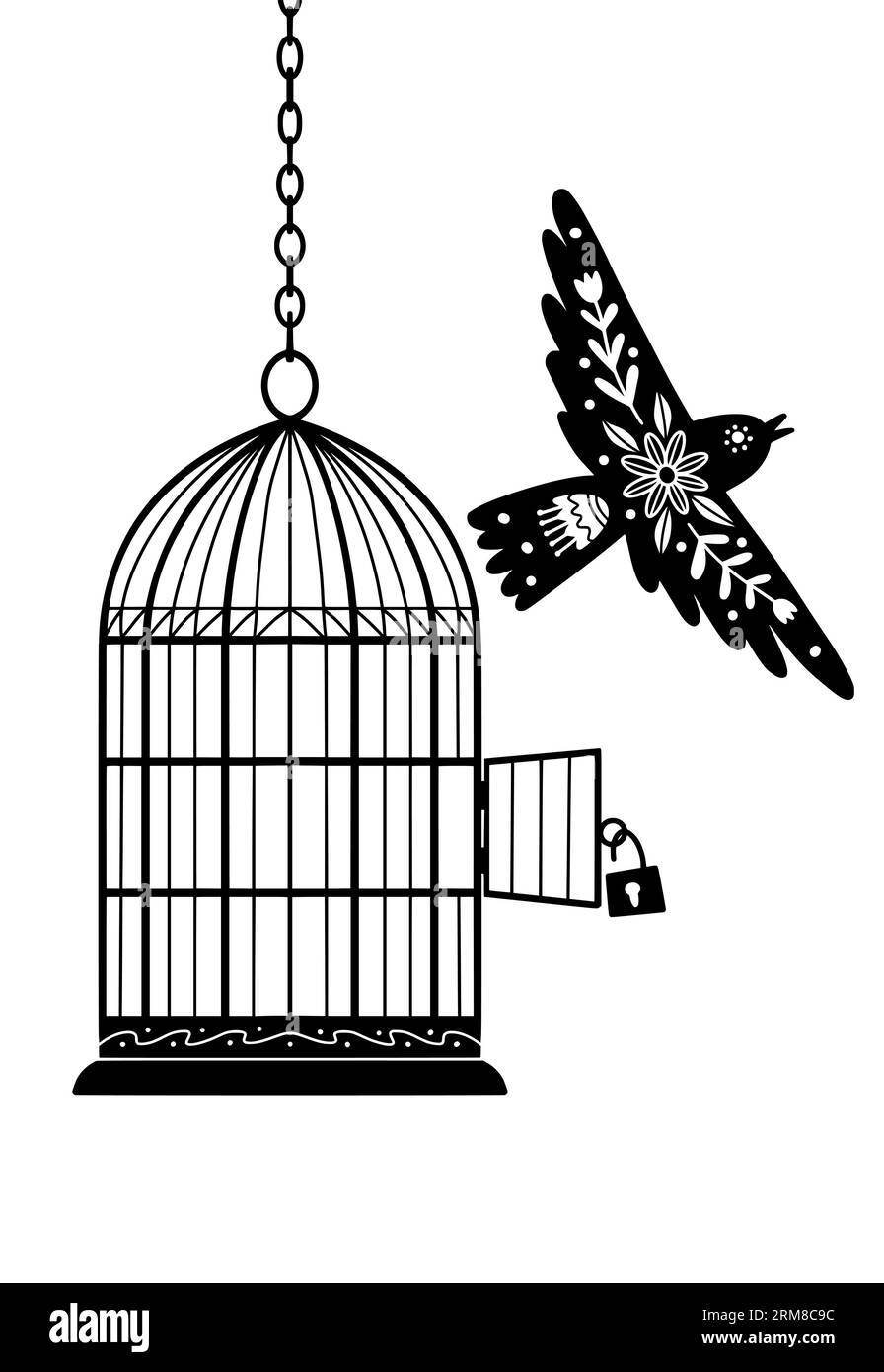 Bird and Cage Silhouette Drawing, Black on White, Freedom Concept