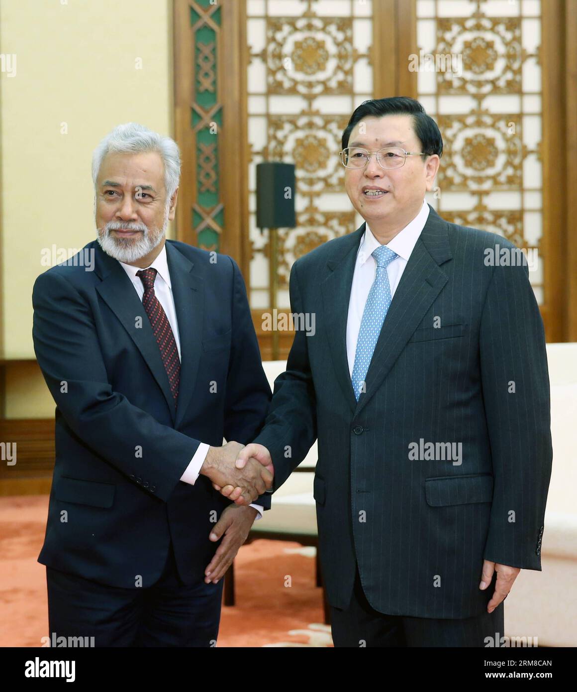 (140408) -- BEIJING, April 8, 2014 (Xinhua) -- Zhang Dejiang (R), chairman of China s National People s Congress Standing Committee, meets with Timor Leste s Prime Minister Jose Alexandre Xanana Gusmao, in Beijing, capital of China, April 8, 2014. (Xinhua/Yao Dawei) (yxb) CHINA-EAST TIMOR-ZHANG DEJIANG-MEETING(CN) PUBLICATIONxNOTxINxCHN   Beijing April 8 2014 XINHUA Zhang Dejiang r Chairman of China S National Celebrities S Congress thing Committee Meets With Timor Leste S Prime Ministers Jose Alexandre Xanana Gusmao in Beijing Capital of China April 8 2014 XINHUA Yao Dawei  China East Timor Z Stock Photo
