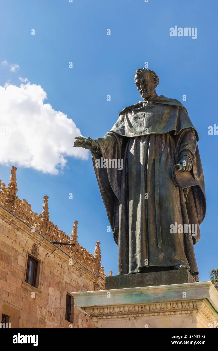Monument to Spanish Friar Luis de León, 1527 - 1591.  Augustian friar, theologian and poet who lectured at the Salamanca University.  The statue is th Stock Photo