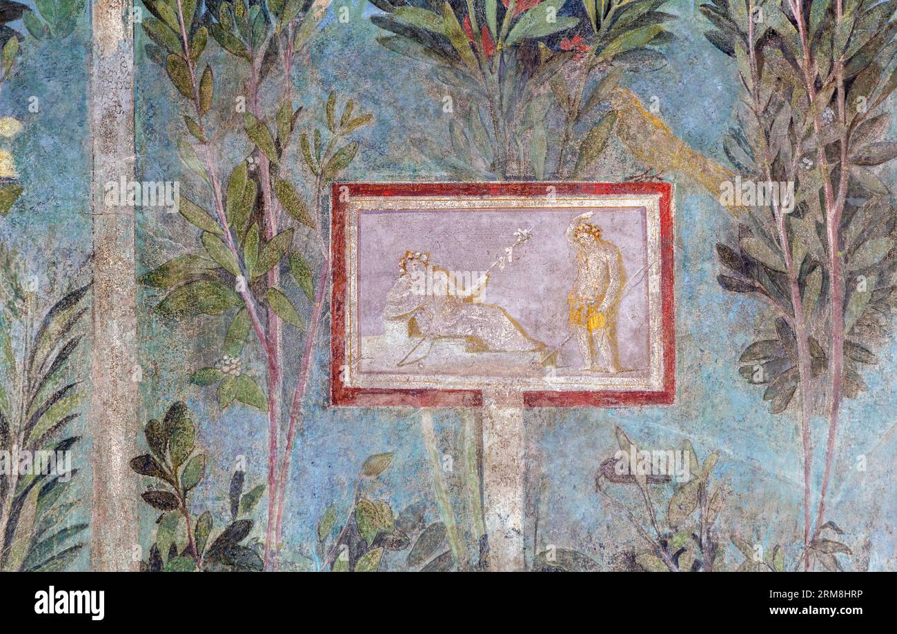Pompeii Archaeological Site, Campania, Italy.  Fresco of mythological scene amongst greenery. Casa del Frutteto.  Orchard House.  Pompeii, Herculaneum Stock Photo