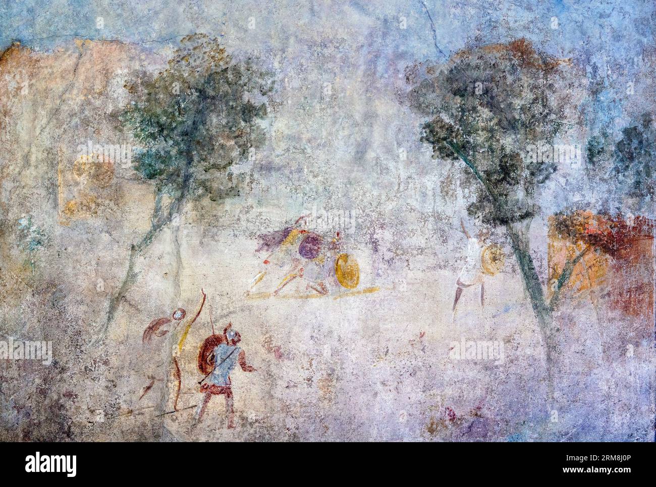 Pompeii Archaeological Site, Campania, Italy.  Fresco of a duel, or battle scene.  Casa del Frutteto.  Orchard House.  Pompeii, Herculaneum, and Torre Stock Photo
