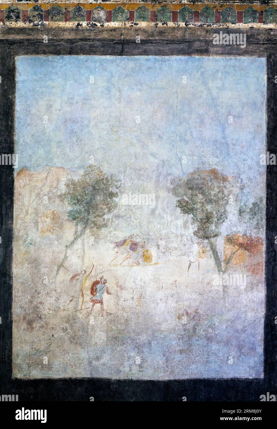 Pompeii Archaeological Site, Campania, Italy.  Fresco of a duel, or battle scene.  Casa del Frutteto.  Orchard House.  Pompeii, Herculaneum, and Torre Stock Photo