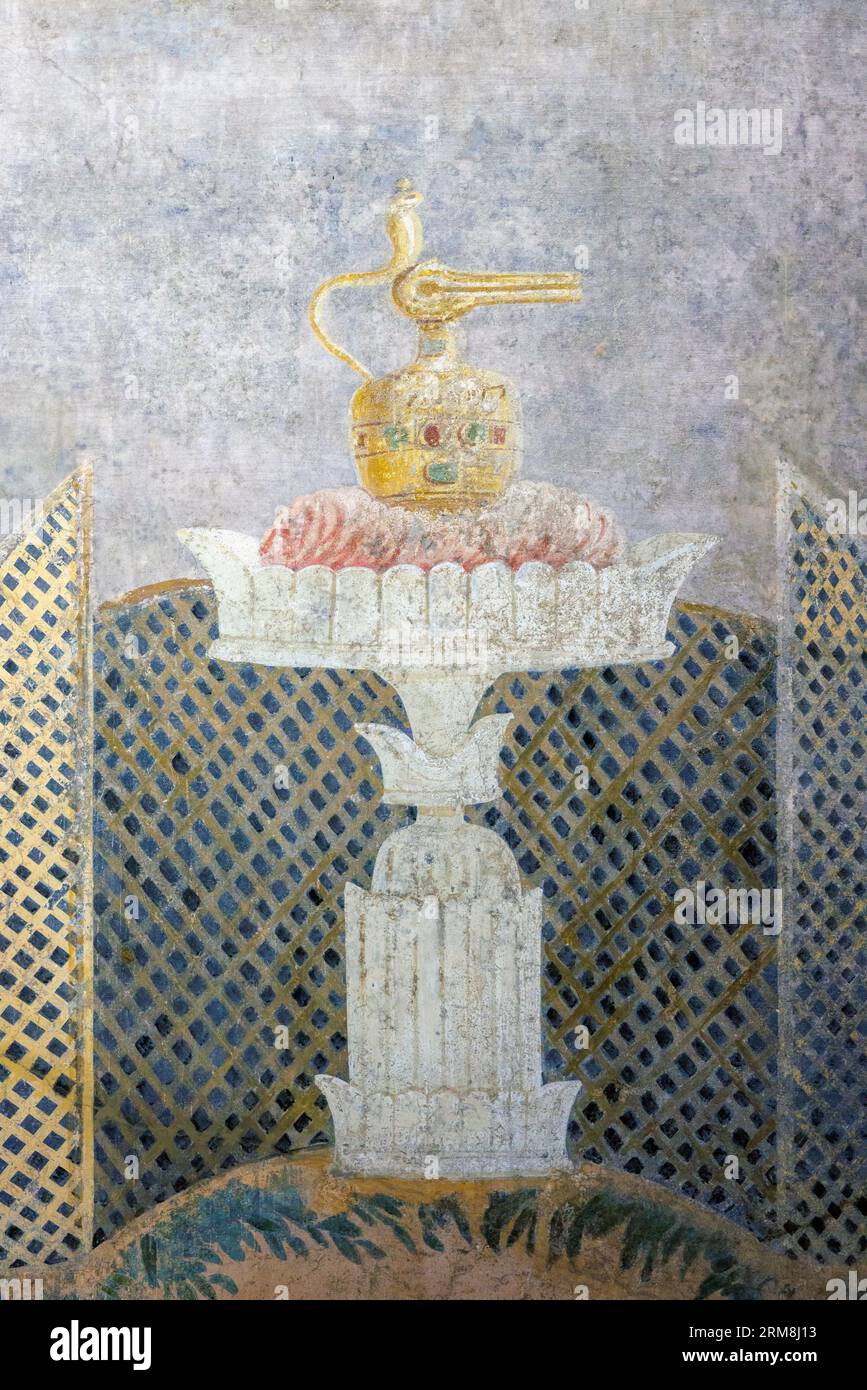 Pompeii Archaeological Site, Campania, Italy.  Detail below serpent in a fig tree fresco.  Casa del Frutteto.  Orchard House.  Pompeii, Herculaneum, a Stock Photo