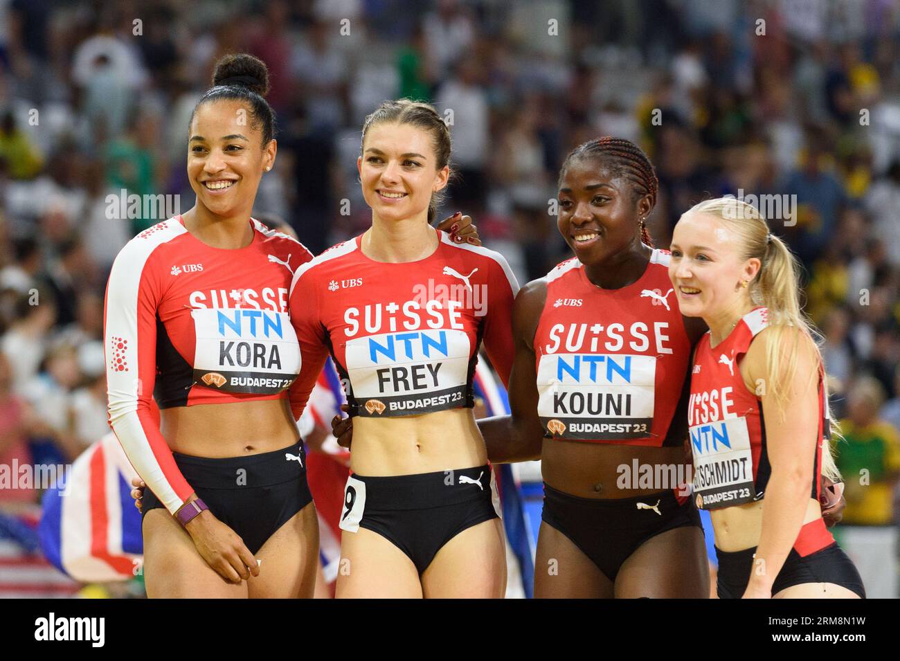 August 26, 2023 Group photo of Team Switzerland with Nathacha Kouni, Salome Kora, Geraldine Frey, Melissa Gutschmidt after the 4x100 metres relay final during the world athletics championships 2023 at the National