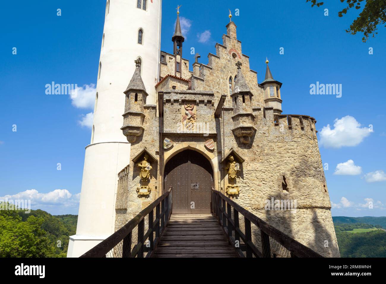 Lichtenstein Castle entrance with wooden bridge, Germany, Europe. This
