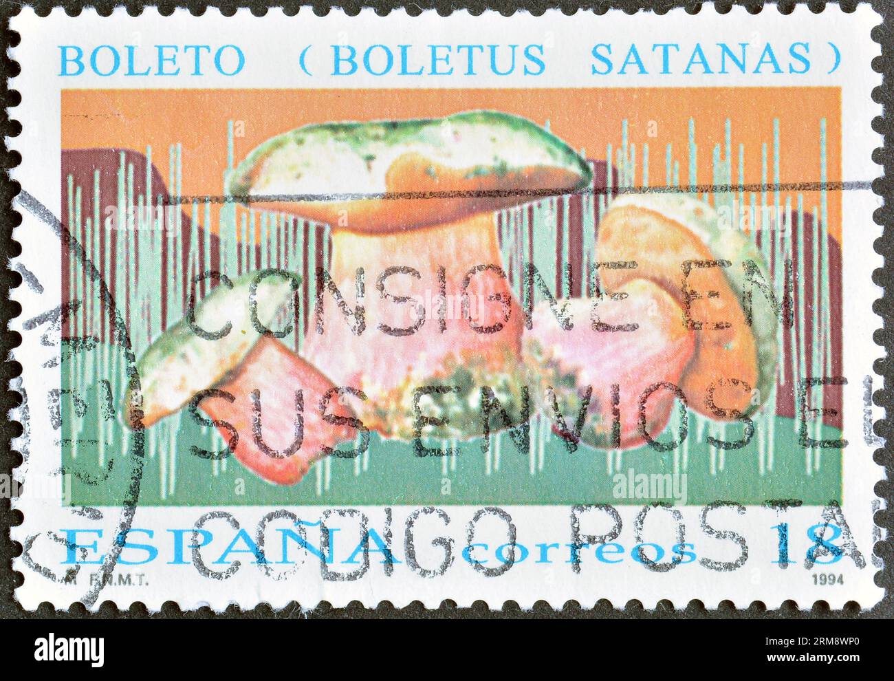 Cancelled postage stamp printed by Spain, that shows Satan's Mushroom (Boletus Satanas), circa 1994. Stock Photo
