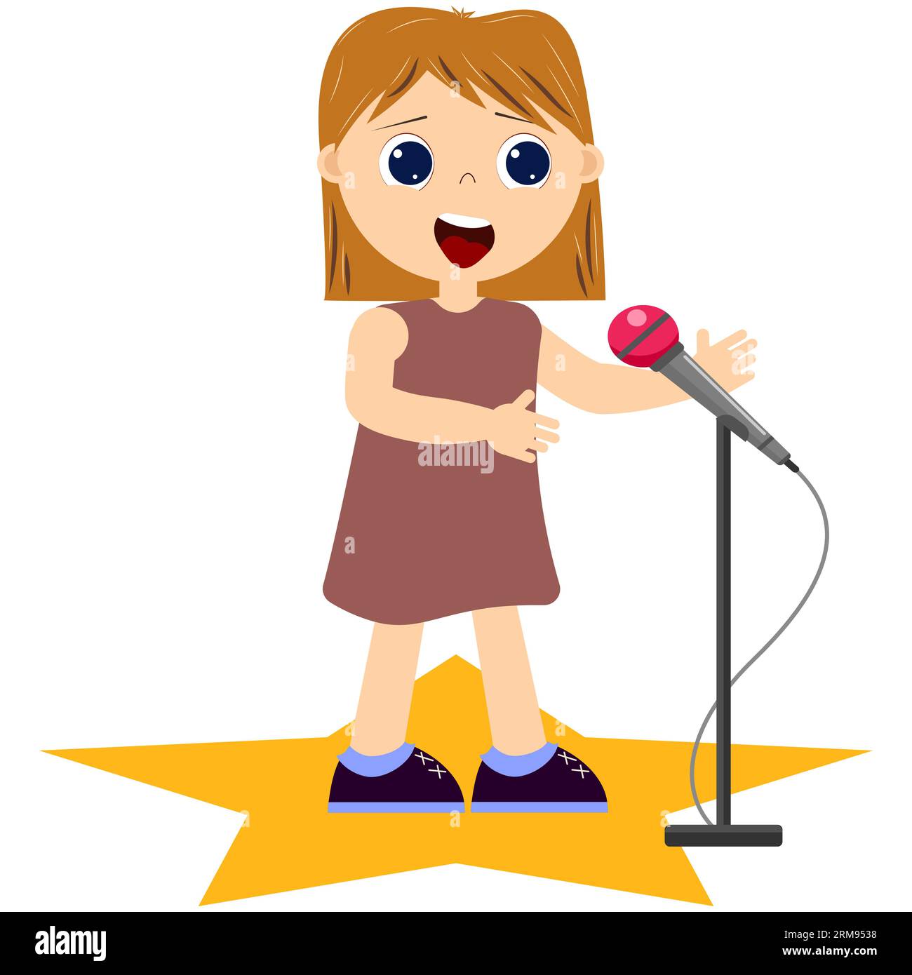 Little girl sings into a microphone, a children performance. Vector EPS