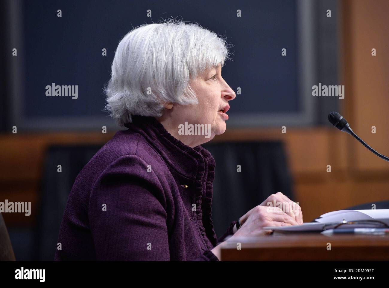 U.S. Federal Reserve Chair Janet Yellen testifies before the Joint Economic Committee of U.S. Congress during a hearing on Capitol Hill in Washington D.C., capital of the United States, May 7, 2014. Yellen told Congress on Wednesday that she expected the economic growth to accelerate this year despite an anemic first quarter but the cooling trend in housing sector would be a fresh concern. (Xinhua/Bao Dandan) (zw) U.S.-WASHINGTON-YELLEN-HEARING PUBLICATIONxNOTxINxCHN   U S Federal Reserve Chair Janet Yellen testifies Before The Joint Economic Committee of U S Congress during a Hearing ON Capit Stock Photo