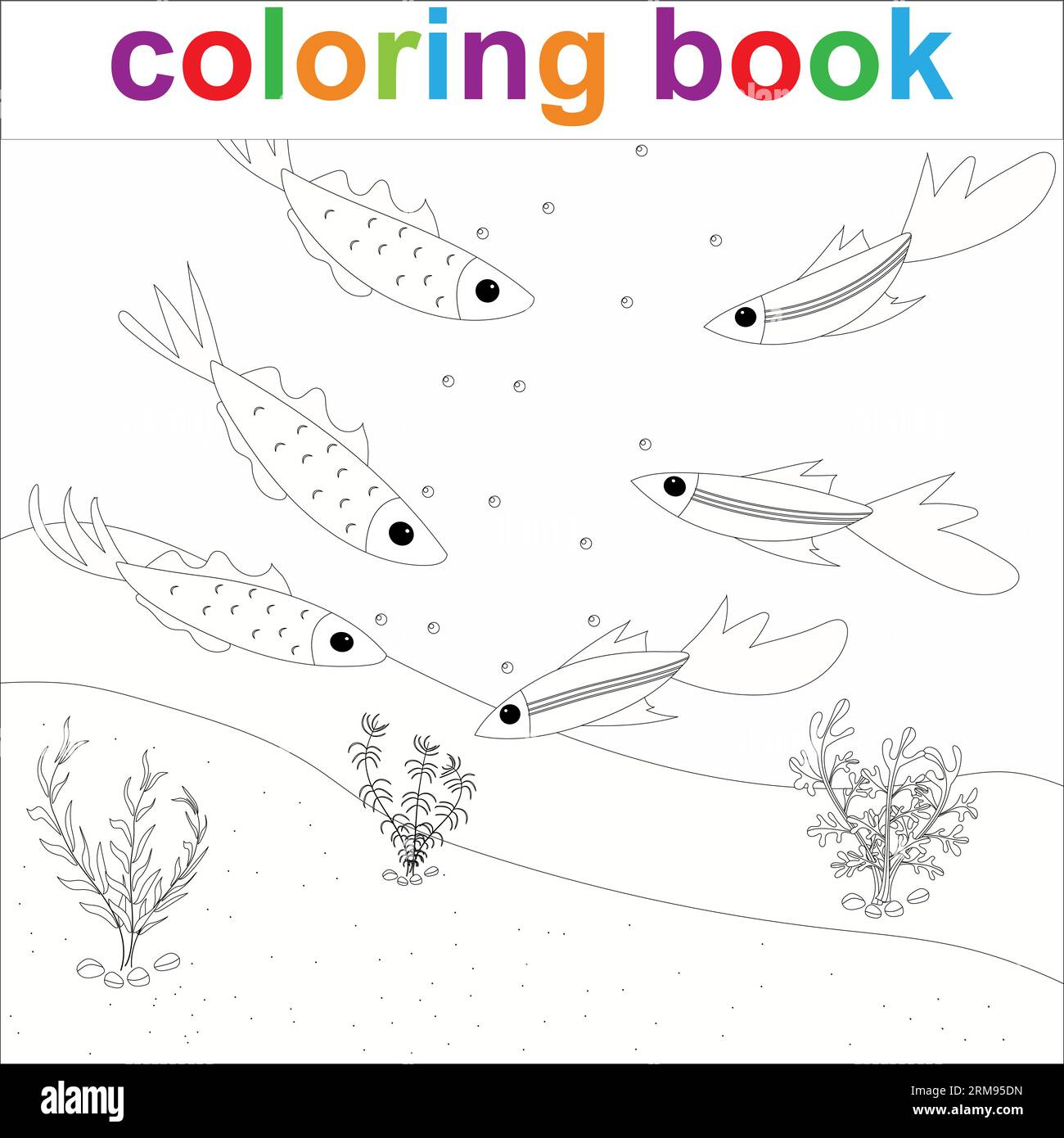 Cute fish coloring page. Kawaii flounder character design. Simple  underwater scene colouring book for kids play and education activity. Easy  print on paper. Stock Vector
