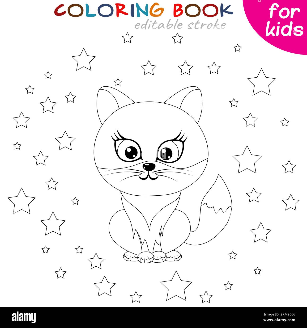 Cute cat sits on a background of stars. Coloring book page template for ...