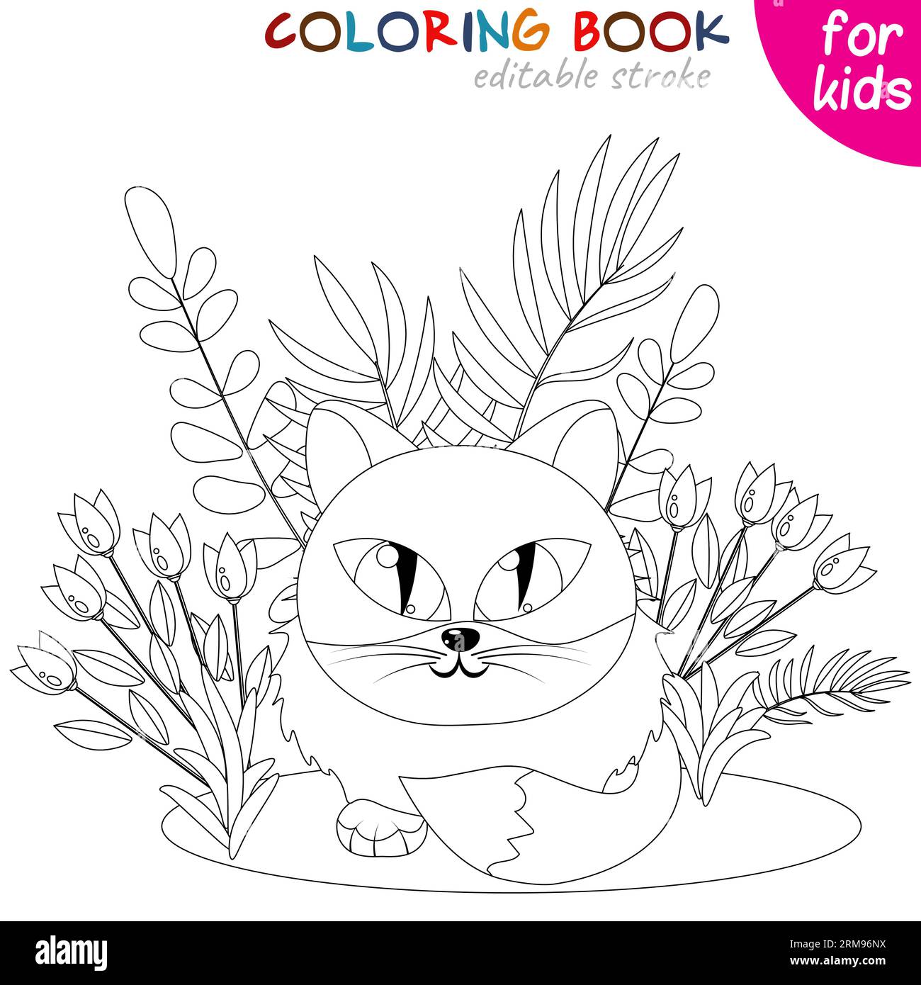 Cat on the background of leaves. Coloring book page template for ...