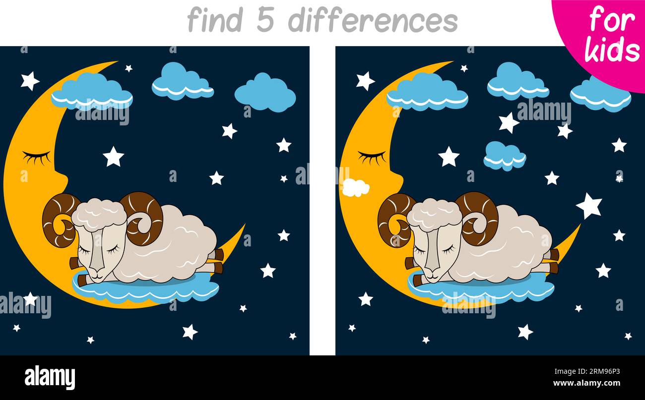 tired sheep sleeps on a cloud in the sky with the moon and stars. Logic game for children. You ...