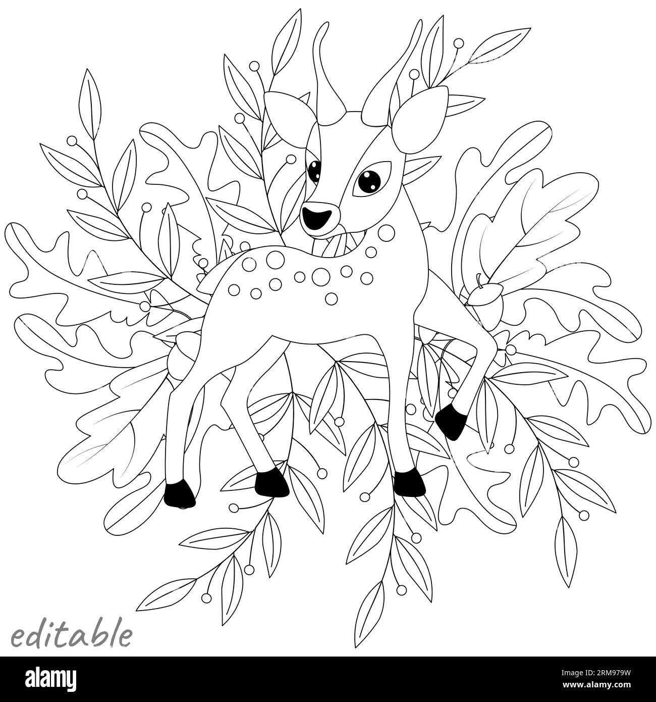 Young deer with autumn leaves. Autumn collection. Relaxation coloring