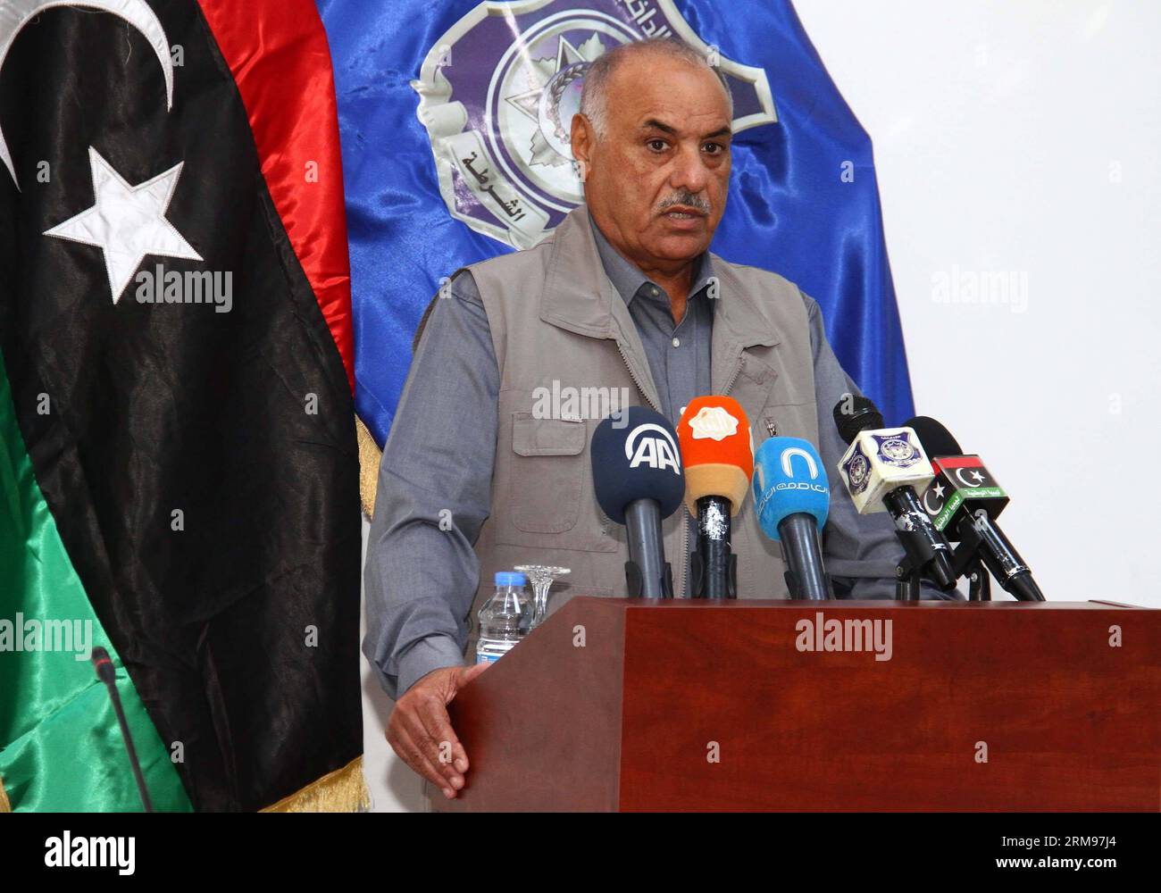 (140511) -- TRIPOLI, May 11, 2014 (Xinhua) -- Libyan Interior Minister-designate Saleh Maziq addresses a press conference in Tripoli, Libya, on May 11, 2014. Saleh Maziq stressed that the INTERPOL had expressed its readiness to help Libya recover stolen assets by former Gaddafi s regime during his visit to INTERPOL recently. (Xinhua/Hamza Turkia) LIBYA-TRIPOLI-POLITICS-INTERPOL-COOPERATION PUBLICATIONxNOTxINxCHN   Tripoli May 11 2014 XINHUA Libyan Interior Ministers Designate Saleh  addresses a Press Conference in Tripoli Libya ON May 11 2014 Saleh  stressed Thatcher The Interpol had expressed Stock Photo