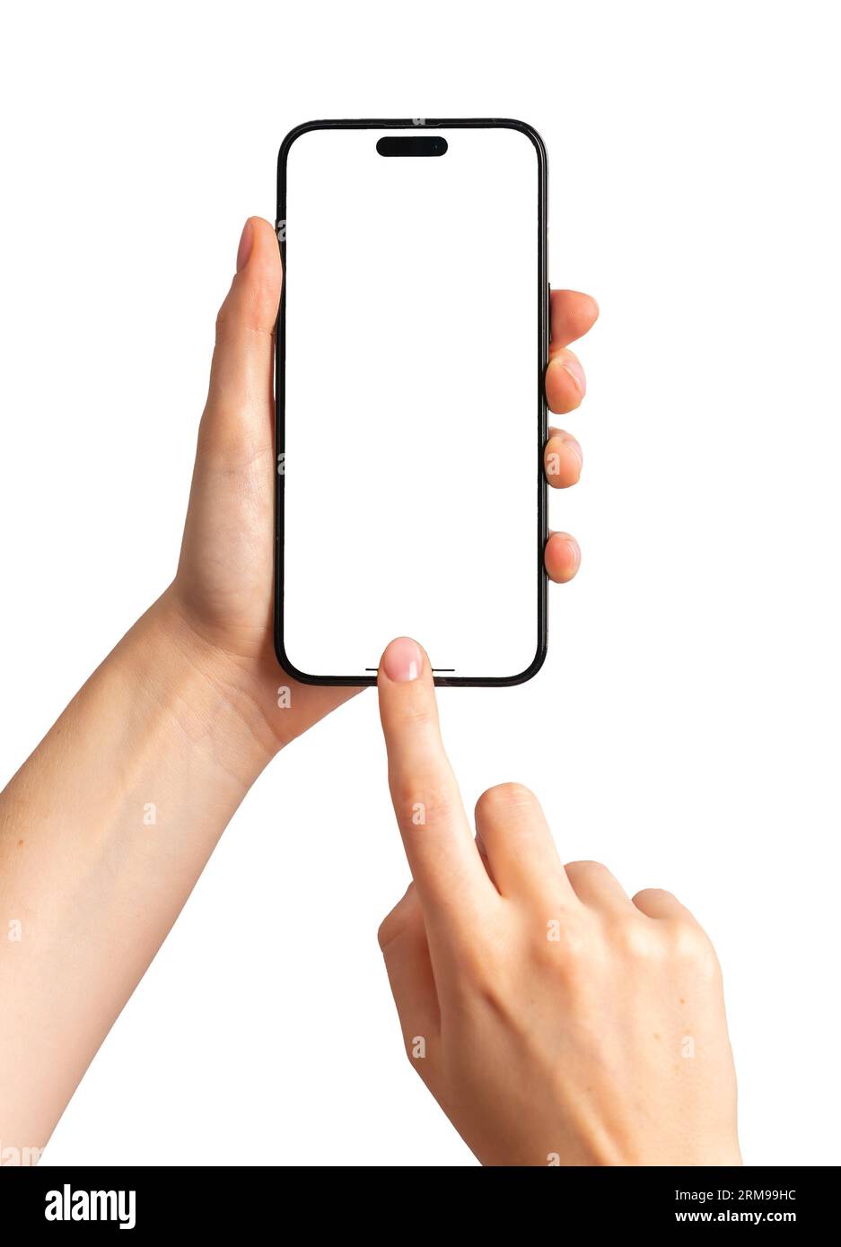 Finger clicking tapping on blank phone screen, smartphone mock up, isolated on white background. Stock Photo