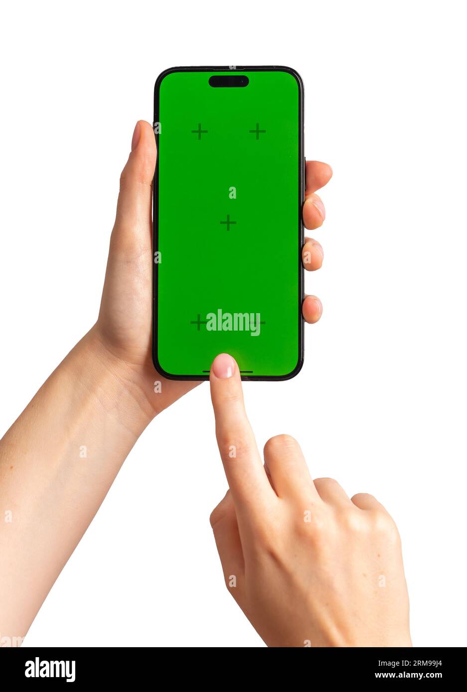Finger clicking tapping on green phone screen, smartphone mockup, isolated on white background. Stock Photo