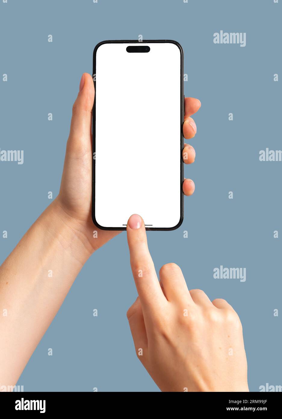 Finger clicking tapping on mobile phone screen mockup, smartphone mock up. Stock Photo