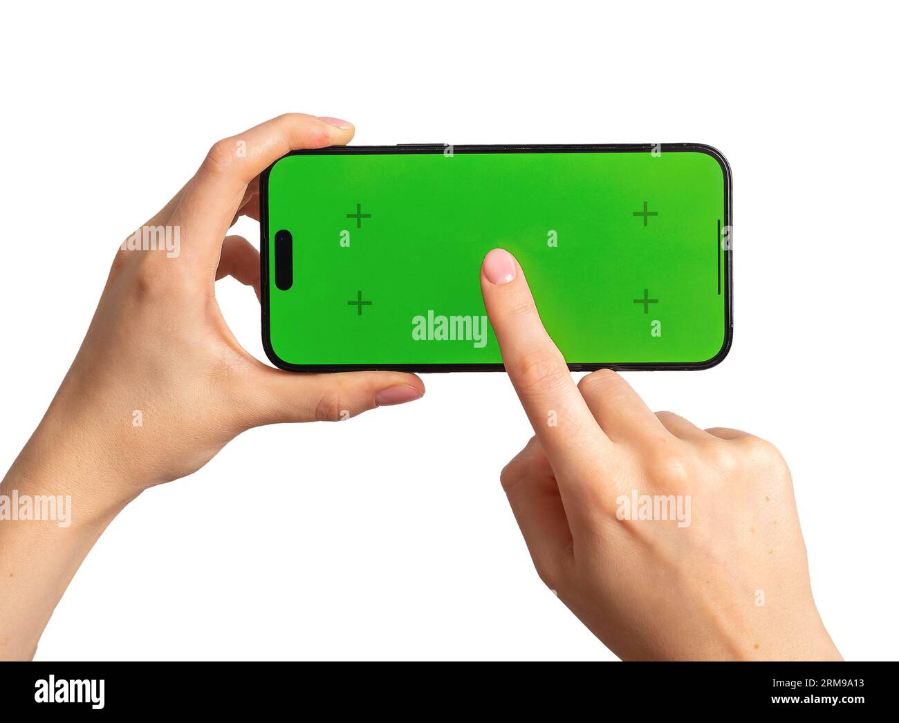 Finger tapping on mobile phone screen center. Hand holding horizontal smartphone mockup, isolated on white background. Stock Photo