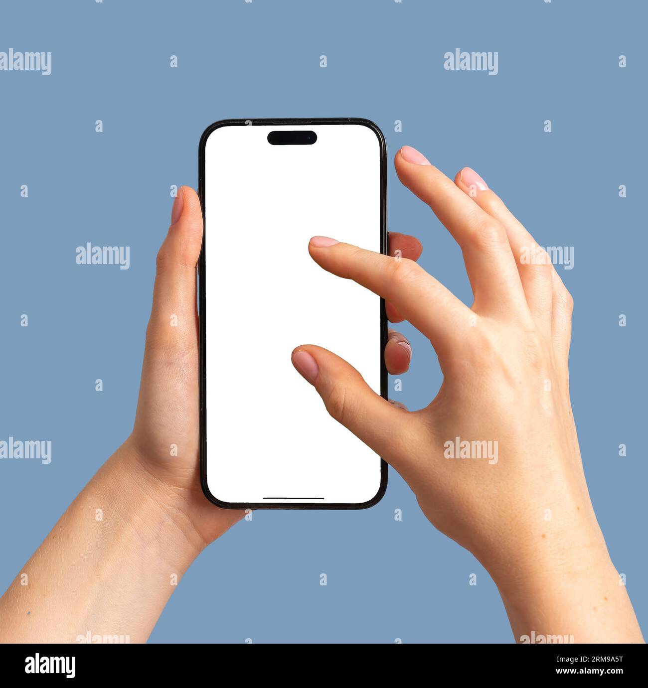 Hand gesture on smart phone screen, tapping with two fingers, zooming photo on mobile display mockup. Stock Photo